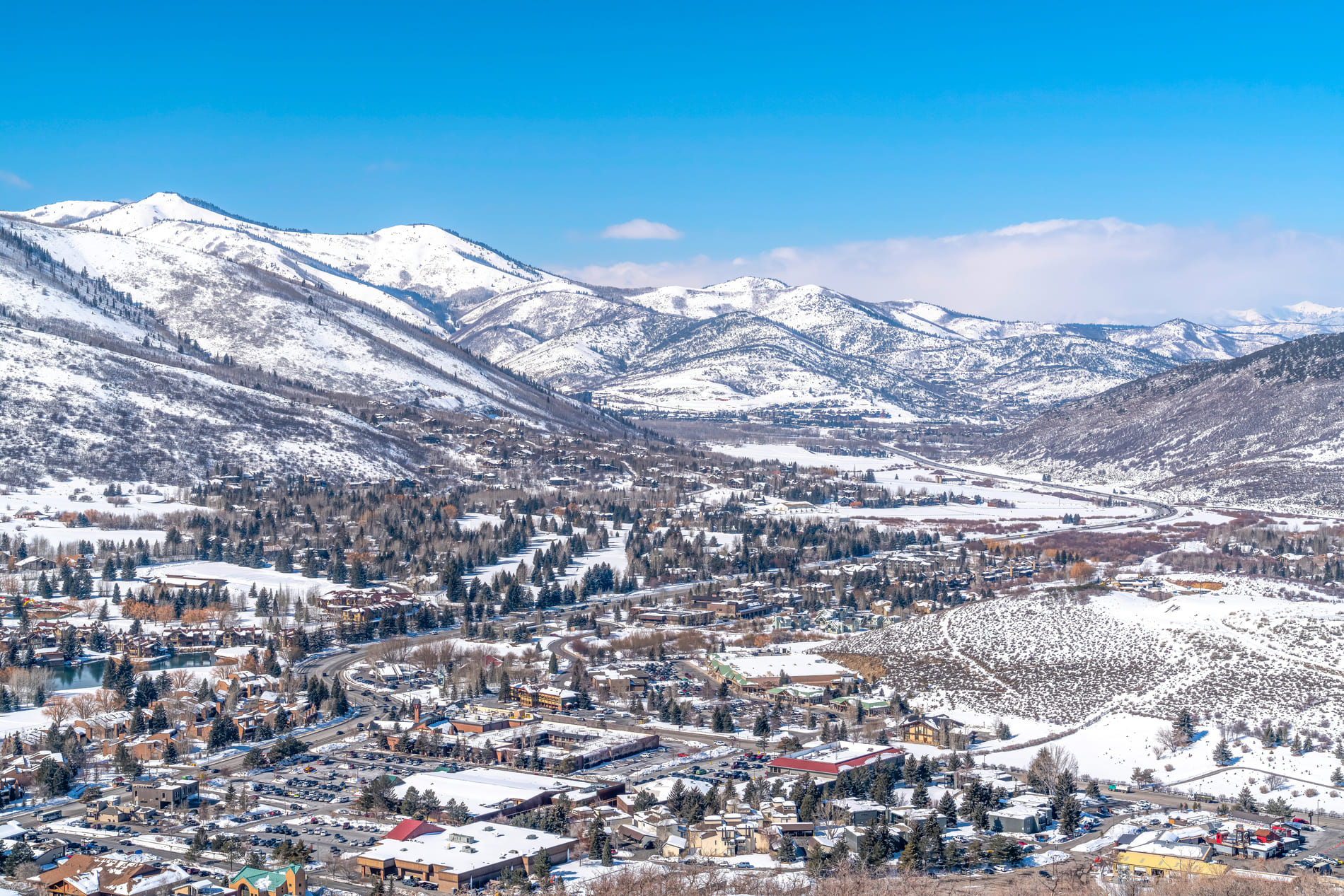 A wintery aerial view of Park City, Utah.